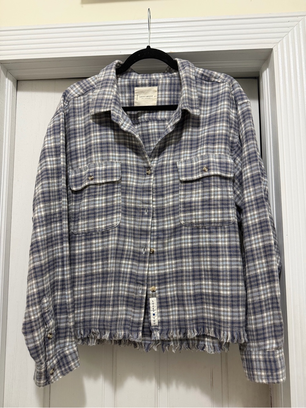 Lucky brand flannel in Light Blue and White cropped fringe bottom